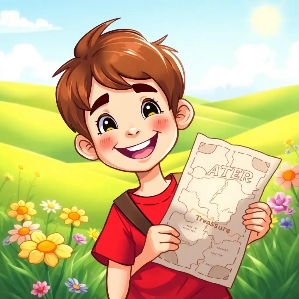 A young boy, After Hero, with short brown hair and a bright red t-shirt, smiling joyfully while holding a treasure map, surrounded by green fields and flowers, cheerful scene, cartoon style, vibrant colors, bright sunlight, playful atmosphere, high quality