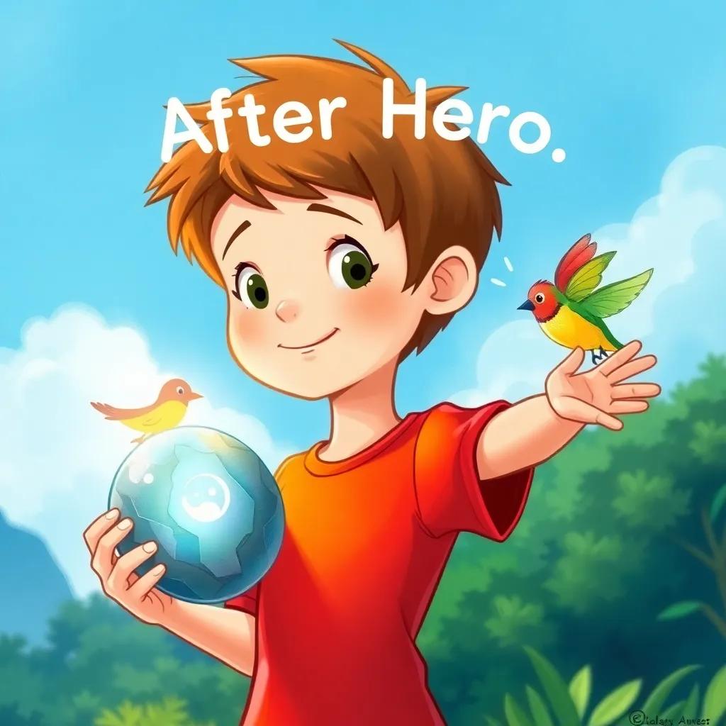 A young boy, After Hero, with short brown hair and a bright red t-shirt, holding a shiny stone while a small colorful bird flies next to him, with a backdrop of blue sky and lush greenery, magical moment, illustration, uplifting colors, enchanting setting, child-friendly