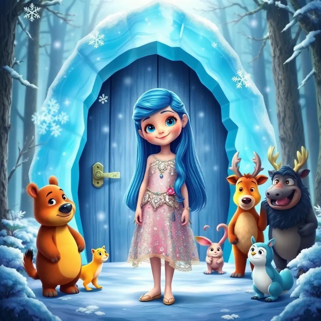 A young girl, Lily, with long, blue hair, wearing a sparkling dress, standing in front of a magical ice door surrounded by snowflakes and talking animals, vibrant colors, enchanting forest background, fantastical, whimsical, high quality