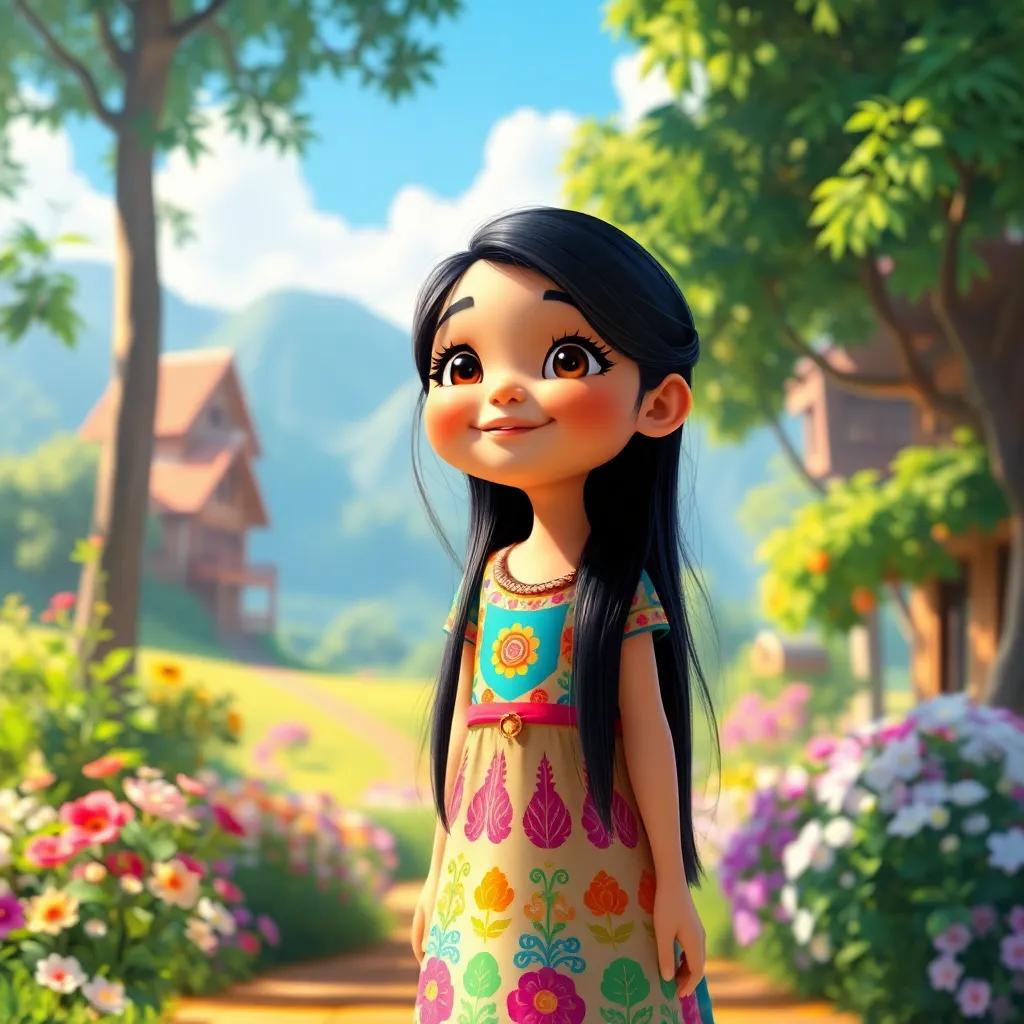 A small girl, Ahlam, with long black hair wearing a colorful dress, standing in a beautiful village surrounded by green trees and flowers, joyful expression, digital art, vibrant colors, warm sunlight, cheerful atmosphere, high quality
