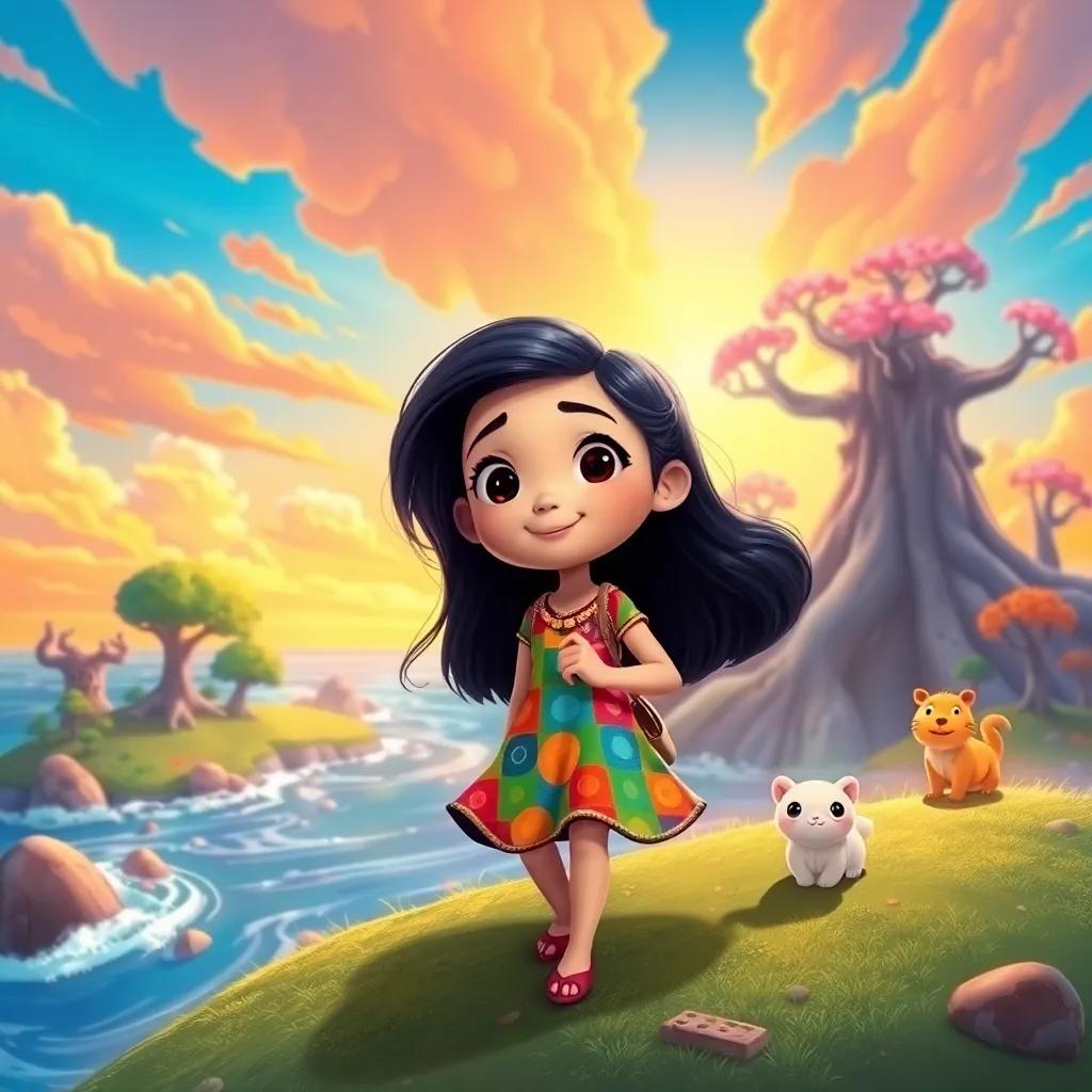 Ahlam, a small girl with long black hair in a colorful dress, exploring a magical island with strange trees and a colorful sky, accompanied by her friends, lively colors, adventure-themed, child-friendly, illustration, bright and engaging