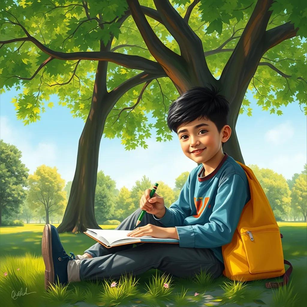 Ahmad, a young boy with short black hair, sitting in the park under a big green tree, with his yellow bag beside him, drawing with a green pencil on a blue book, bright colors, warm sunlight, joyful setting, high quality