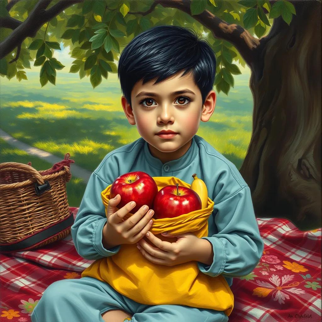 Ahmad, a young boy with short black hair, with a yellow bag open, showing two shining red apples and a yellow banana, set on a picnic blanket under a tree, vibrant colors, inviting scene, high quality