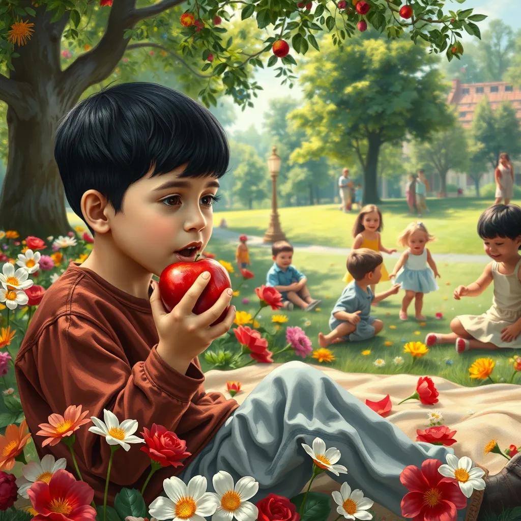 Ahmad, a young boy with short black hair, eating a shiny red apple, sitting on a picnic blanket with flowers around him, surrounded by colorful flowers and happy children playing, lively park atmosphere, high quality
