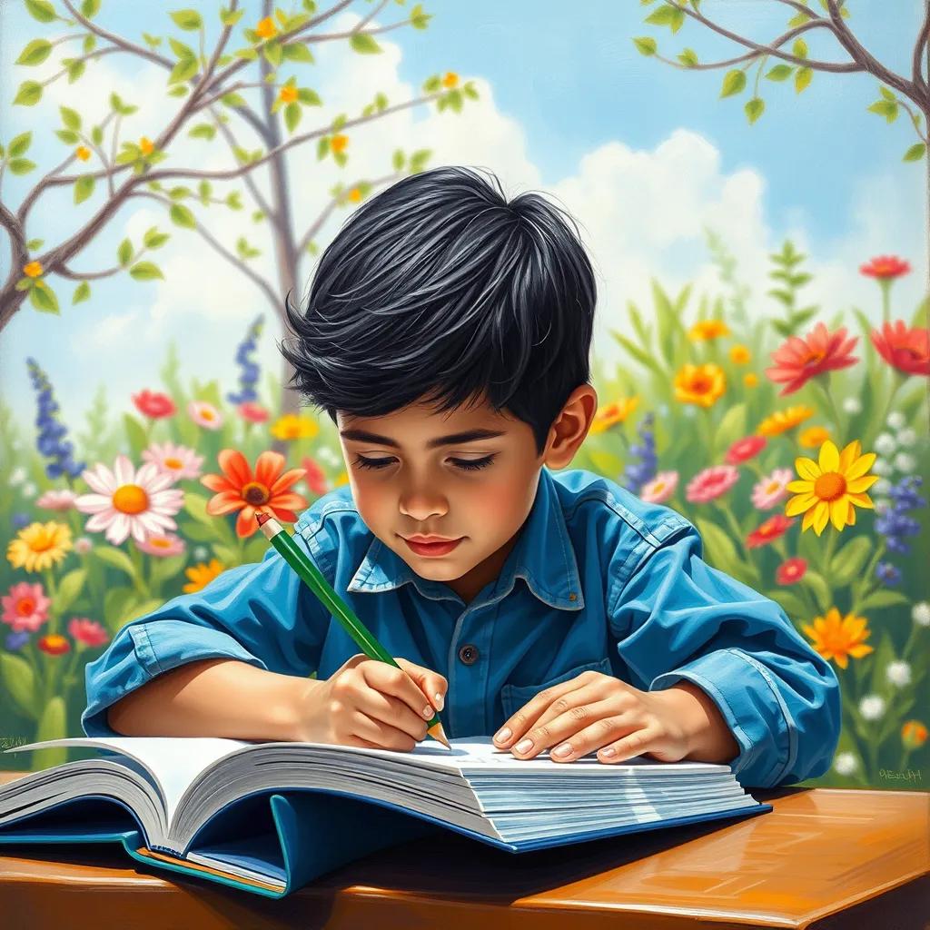 Ahmad, a young boy with short black hair, focused on drawing with a green pencil in his blue book, with colorful flowers in the background and a sunny day, creative scene, bright colors, high quality