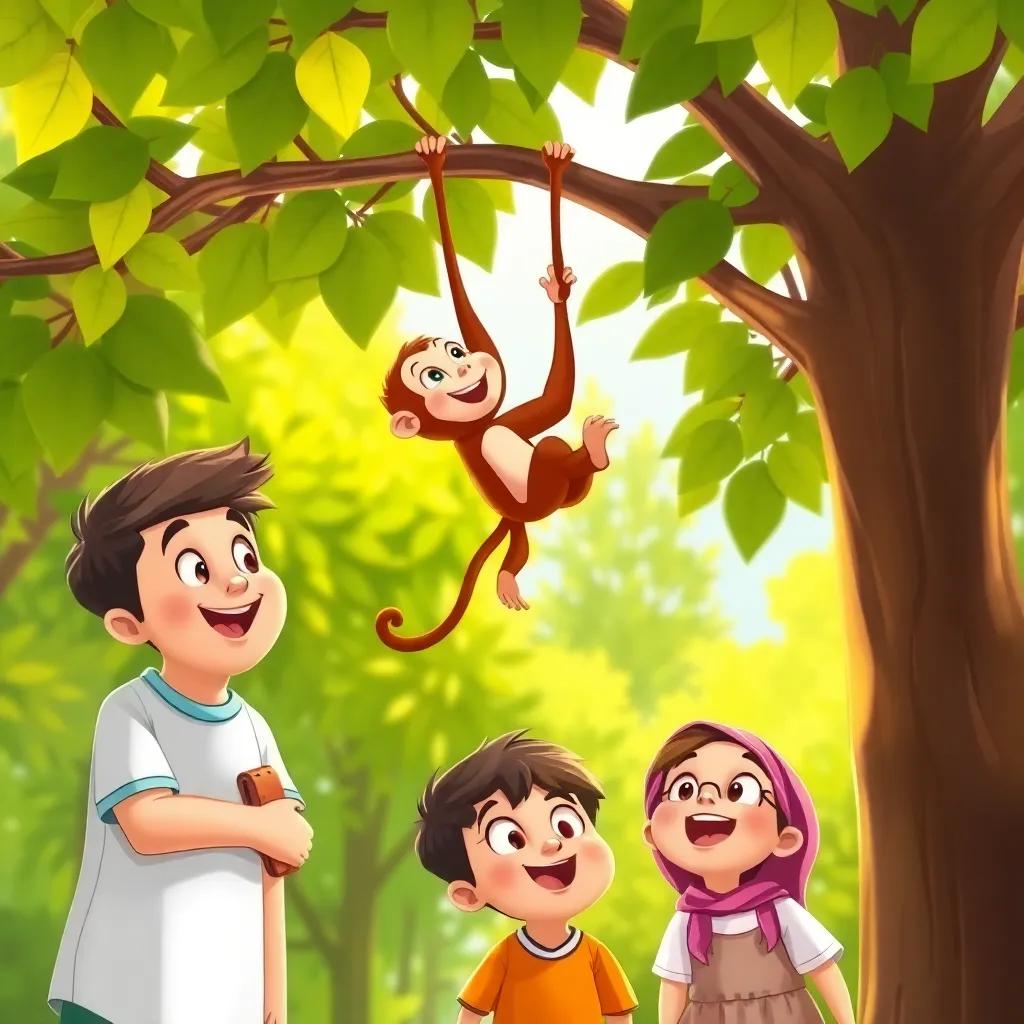 Ahmad, Fahd, and Alya, looking excited, watching a playful monkey swinging from a tree branch, the monkey performing tricks, surrounded by green leaves, bright sun, cheerful colors, delightful scene, illustration, child-friendly