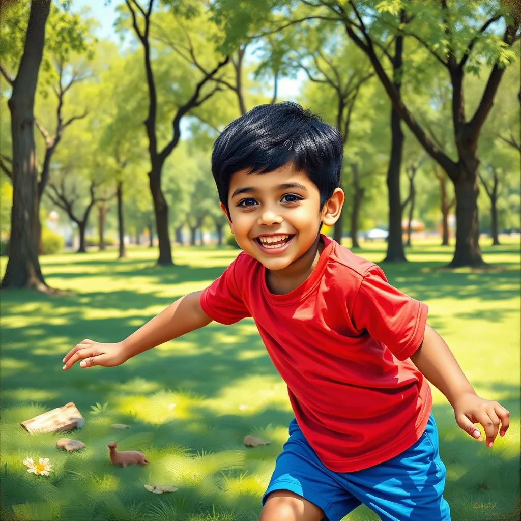 A joyful young Arab boy, Ahmad, with short black hair, wearing a bright red t-shirt and blue shorts, playing in a sunny park with green grass and trees, cheerful atmosphere, vibrant colors, child-friendly, high quality