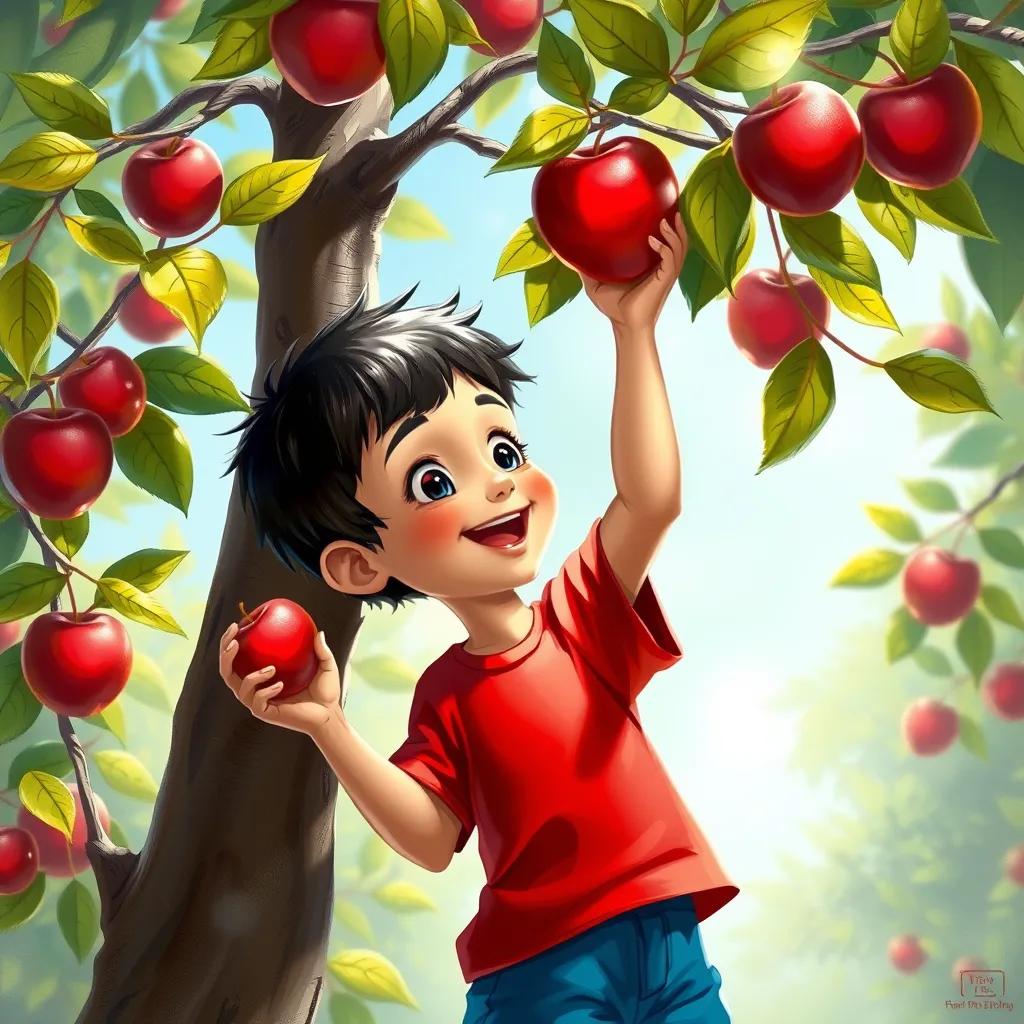 Ahmad, a cheerful young Arab boy, with short black hair, wearing a bright red t-shirt and blue shorts, excitedly picking a shiny red apple from a tall tree, magical feeling, colorful, bright lighting, playful perspective, child-friendly, high quality