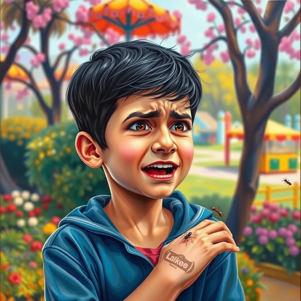 Ahmad, a cheerful young Arab boy, with short black hair, looking surprised and in pain as ants bite his arm, colorful park background, worried expression, vibrant colors, child-friendly, high quality