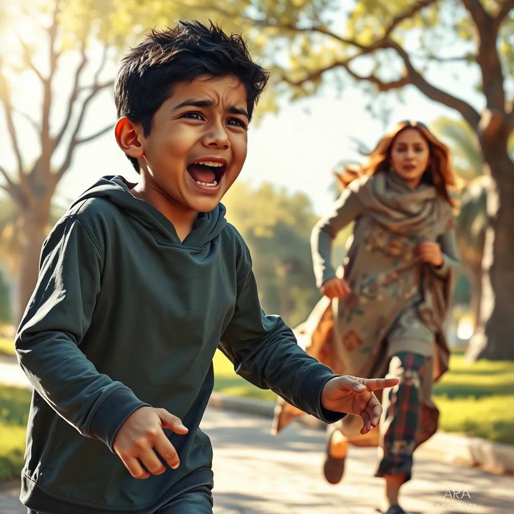 Ahmad, a cheerful young Arab boy, with short black hair, crying out for help, his mom running to him with a concerned look, sunny park background, emotional moment, warm light, high quality