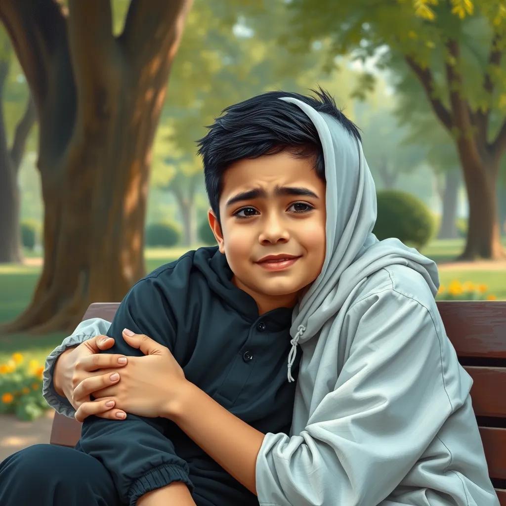 Ahmad, a cheerful young Arab boy, with short black hair, looking sad while sitting with his mom in the park, mother holding his hand lovingly, comforting atmosphere, bright soft colors, child-friendly, high quality