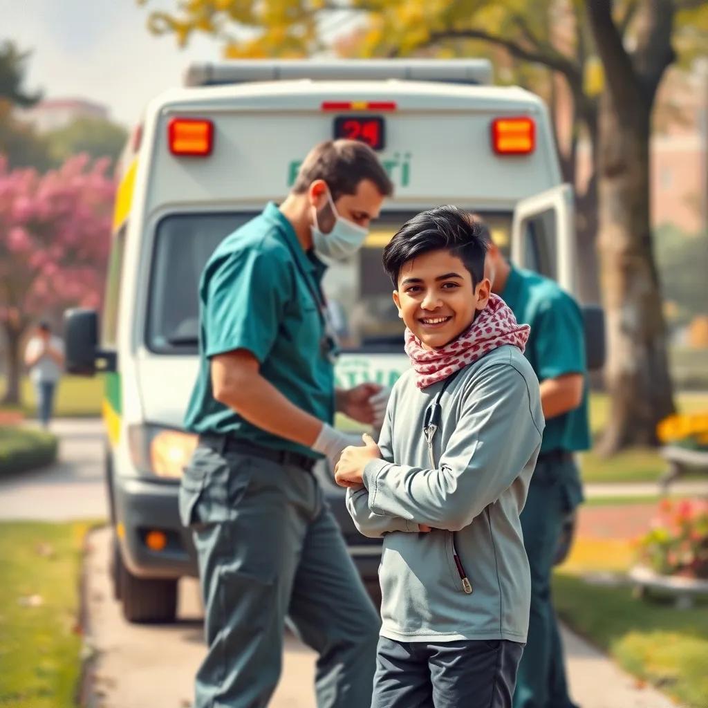 An ambulance arriving in the park, with medics helping Ahmad, a cheerful young Arab boy, with short black hair, showing kindness and care, colorful park setting, feeling of safety, high quality