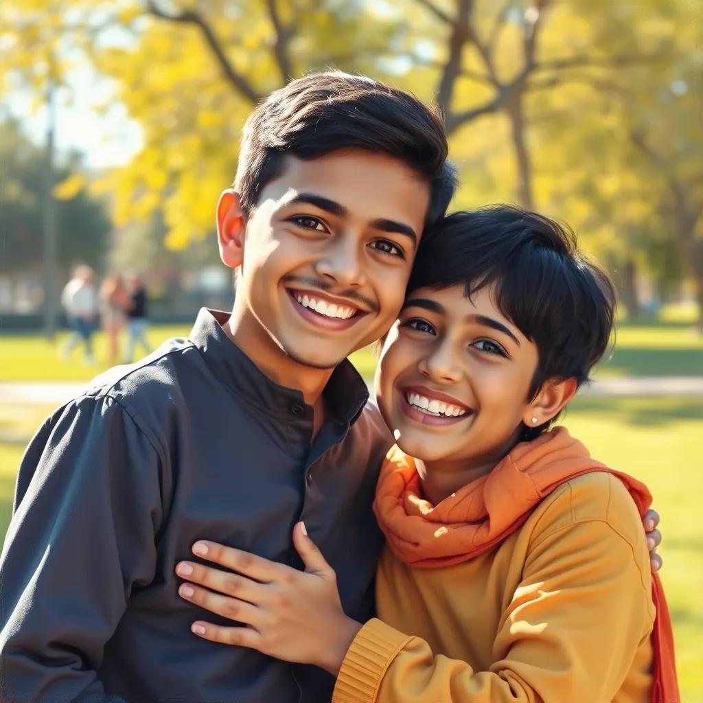 Ahmad, a cheerful young Arab boy, with short black hair, smiling again in the park, after receiving treatment, playing with his mom, bright sunny background, happy reunion, colorful, child-friendly, high quality