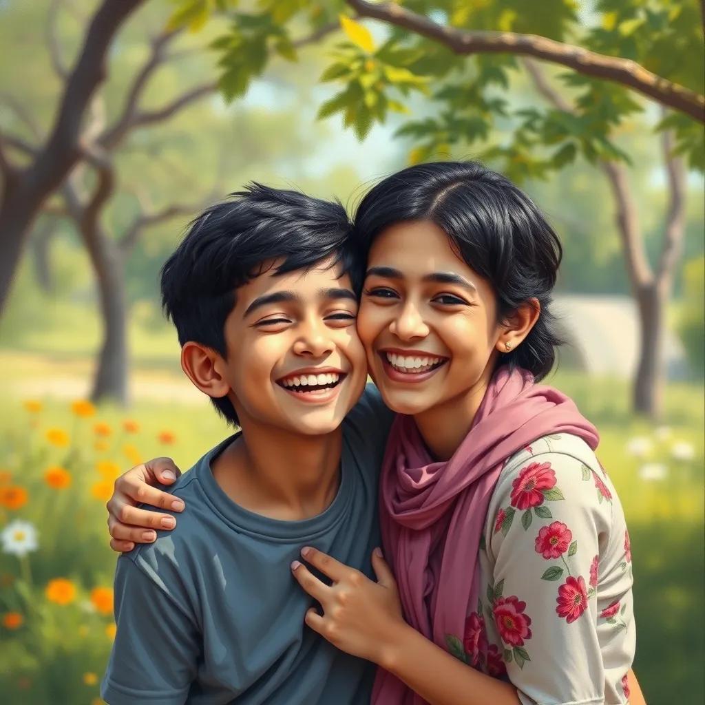 Ahmad, a cheerful young Arab boy, with short black hair, sharing a laugh with his mom, remembering the adventure at the park, beautiful nature in the background, joyful moment, warm colors, child-friendly, high quality