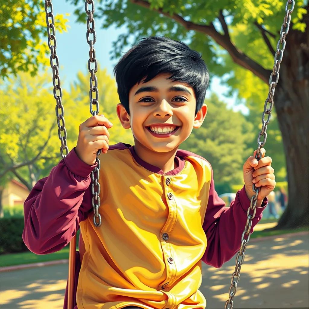 Ahmad, a cheerful young Arab boy, with short black hair, happily swinging on a swing in the park, bright and sunny atmosphere, feeling carefree, colorful joy, high quality