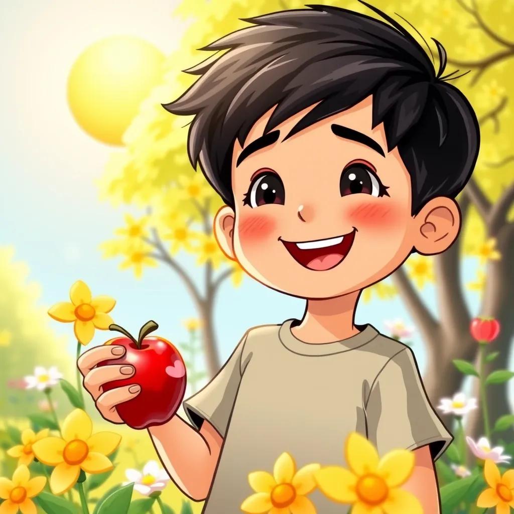 Ahmad, a cheerful boy with short black hair, in a sunny park, holding a shiny red apple, smiling, flowers surrounding him, bright sunlight, fun mood, lively illustration, vibrant colors, playful essence
