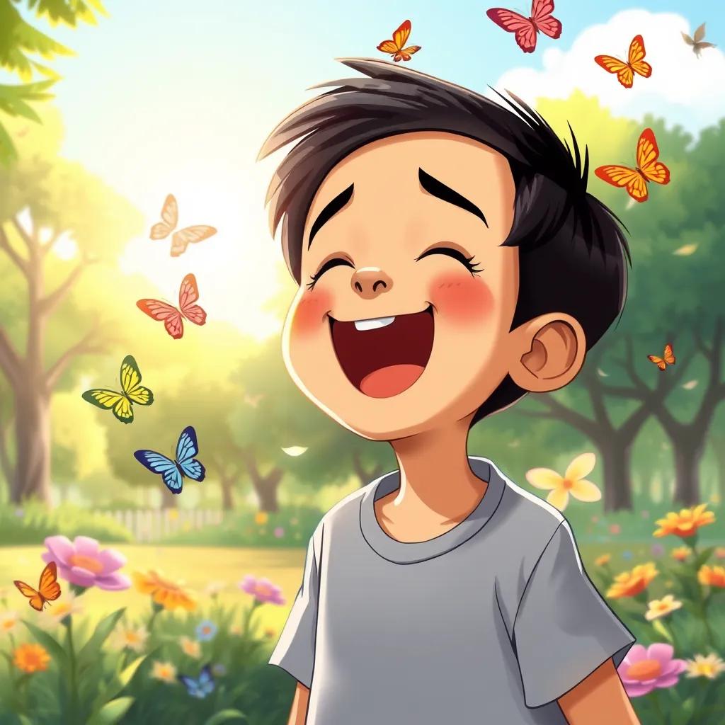 Ahmad, a happy boy with short black hair, shouting with delight in a sunlit park, trees and flowers around him, colorful butterflies fluttering, joyful atmosphere, cheerful digital art, high quality
