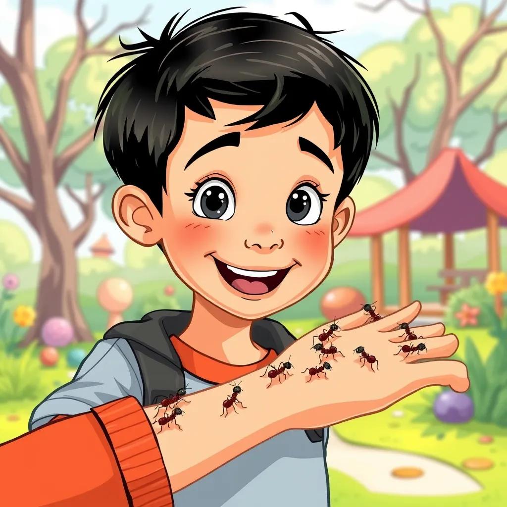 Ahmad, a cheerful boy with short black hair, looking surprised as tiny ants crawl on his arm in a park setting, bright colors, playful surroundings, vibrant illustration, child-friendly style, high quality