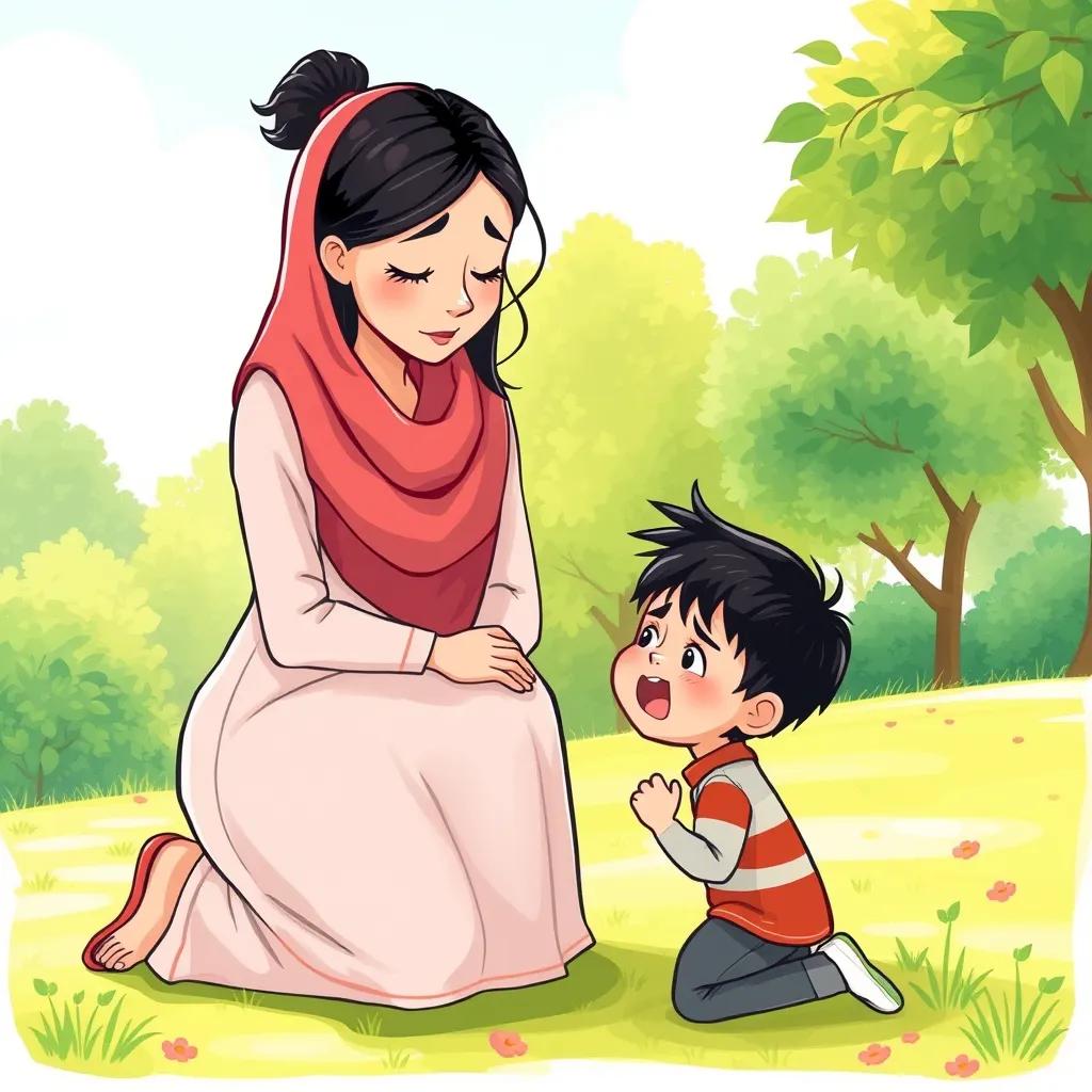 Ahmad, a cheerful boy with short black hair, crying out to his mother in a park, she kneels beside him with a concerned look, loving atmosphere, bright colors, supportive illustration, heartwarming quality