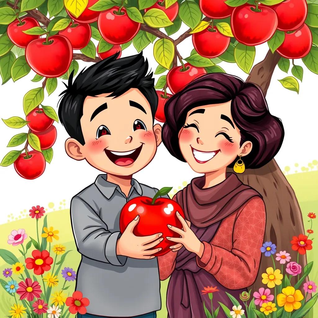 Ahmad, a cheerful boy with short black hair, hugging a bright red apple with his mom smiling beside him under the apple tree, colorful flowers around them, joyful scene, vibrant illustration, high quality