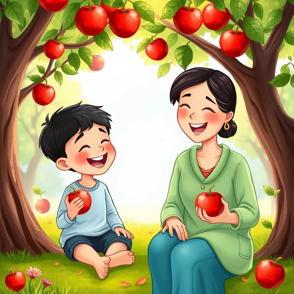 Ahmad, a cheerful boy with short black hair, sitting under the apple tree with his mom, each holding a shiny red apple, laughter-filled scene, delightful park background, colorful and fun illustration, heartwarming quality