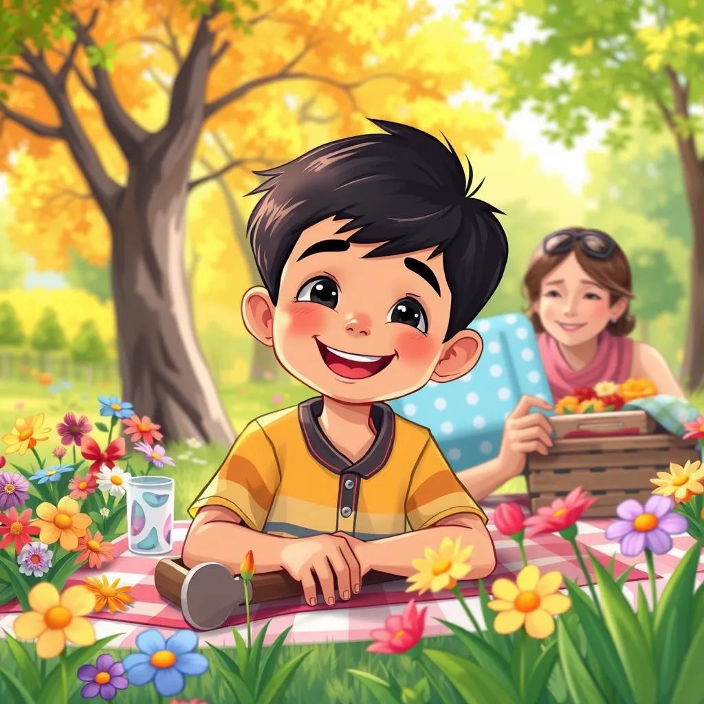 Ahmad, a happy boy with short black hair, enjoying a picnic with his mom, surrounded by colorful flowers and trees, sunny park scene, joyful essence, vibrant digital art, high quality