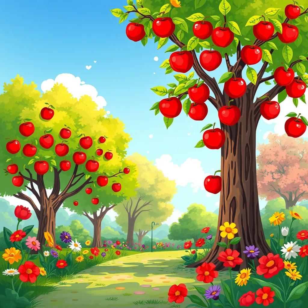 A beautiful park scene with a tall apple tree full of red apples, colorful flowers surrounding, bright blue sky, joyful atmosphere, cheerful illustration, inviting quality