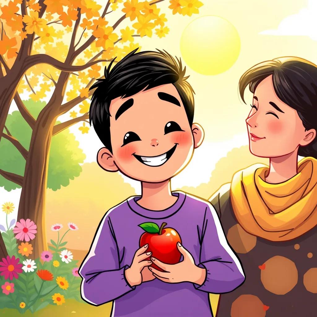 Ahmad, a cheerful boy with short black hair, with a big smile, standing under the sun holding an apple beside his mom, colorful park background, heartwarming atmosphere, vivid colors, digital art, high quality