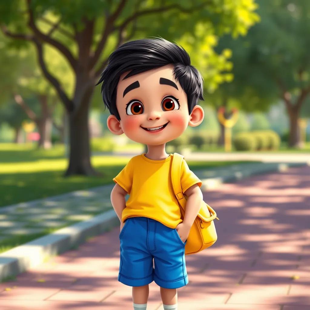 A little boy, Ahmad, with short black hair, wearing a bright yellow t-shirt and blue shorts, holding a yellow bag on his shoulder, standing in a sunny park, cheerful expression, digital art, vibrant colors, kid-friendly, high quality