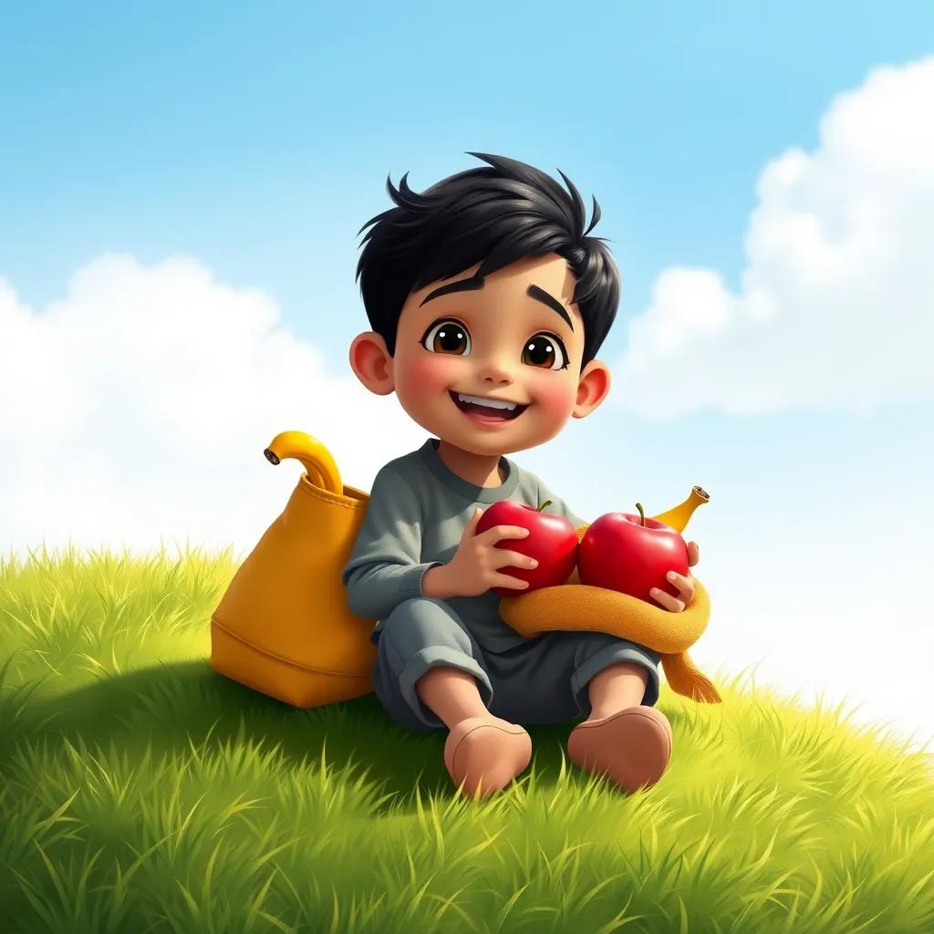 Ahmad, a little boy with short black hair, sitting on a grassy hill, with a yellow bag beside him, holding two red apples and a yellow banana, blue sky above, joyful, detailed illustration, sunny atmosphere, high quality
