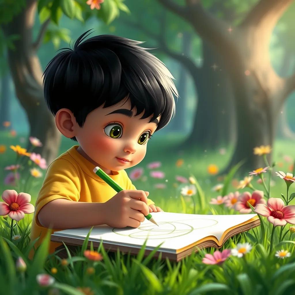 A little boy, Ahmad, with short black hair, drawing on a piece of paper in a bright green environment, surrounded by trees and flowers, using a green pencil, sparkles around, fantasy style, colorful, uplifting, high quality