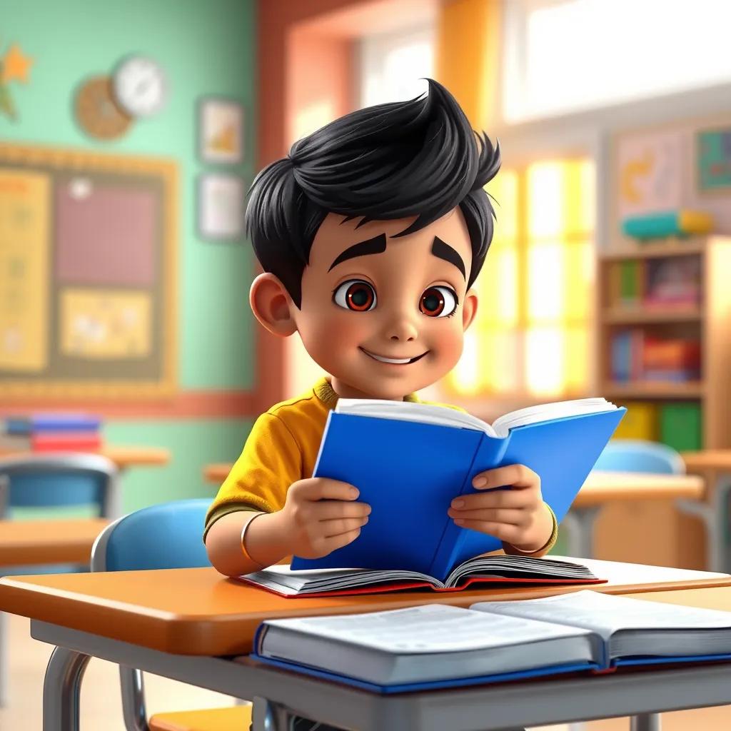 A little boy, Ahmad, with short black hair, sitting at a school desk, reading from his blue book, captivated and happy, surrounded by bright classroom decor, warm lighting, inviting atmosphere, child-friendly, digital illustration, bright colors, high quality