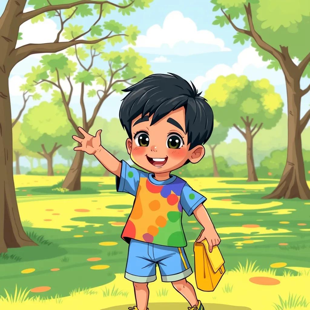 A little boy, Ahmad, with short black hair and bright eyes, wearing a colorful t-shirt and shorts, excitedly holding a yellow bag in a sunny park, vibrant colors, cheerful atmosphere, digital art, high quality