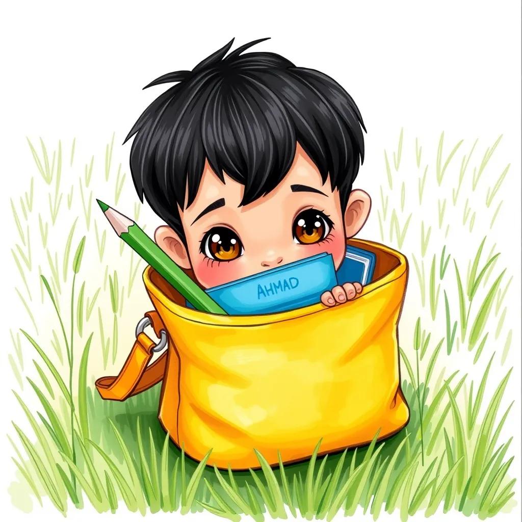 A little boy, Ahmad, with short black hair and bright eyes, looking inside his yellow bag with a green pencil and a blue book peeking out, on a grassy field, colorful, lively, child-friendly