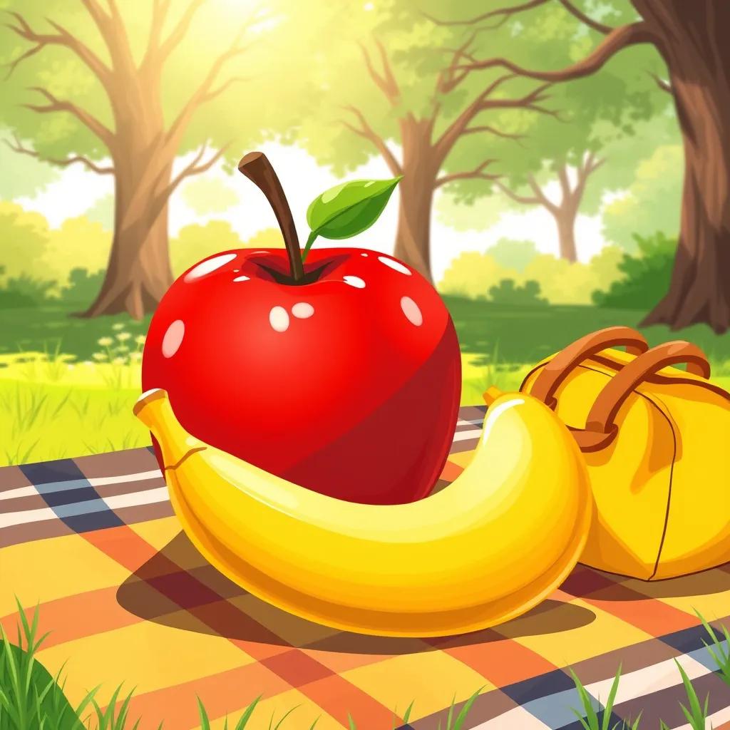 Two shiny red apples and a yellow banana on a picnic blanket, with Ahmad's yellow bag beside it in the park, warm sunlight creating a bright vibe, cheerful and inviting, illustration