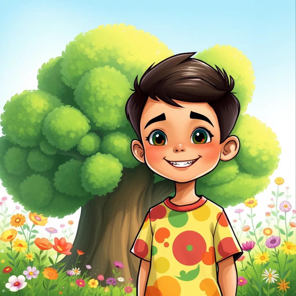 A little boy, Ahmad, with a big smile standing in front of a big green tree, wearing a colorful t-shirt, the background filled with flowers, bright and colorful, fantasy illustration, high quality