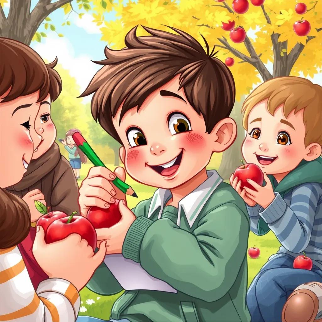 A little boy, Ahmad, happily drawing with a green pencil on a piece of paper in the park, sharing his red apples with his friends around him, joyful scene, colorful, sunny day, high quality