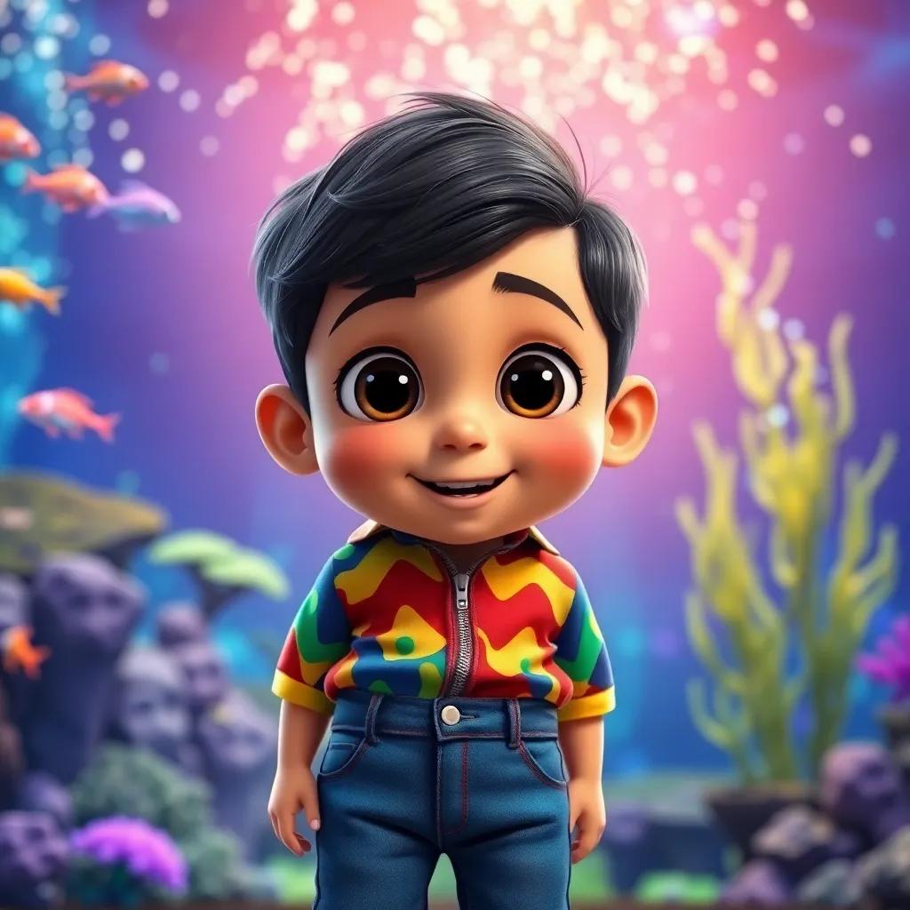 A curious boy, Ahmad, with big, bright eyes wearing a colorful shirt and jeans, standing in front of a sparkling aquarium, excitement on his face, digital art, vibrant colors, joyful atmosphere, high quality