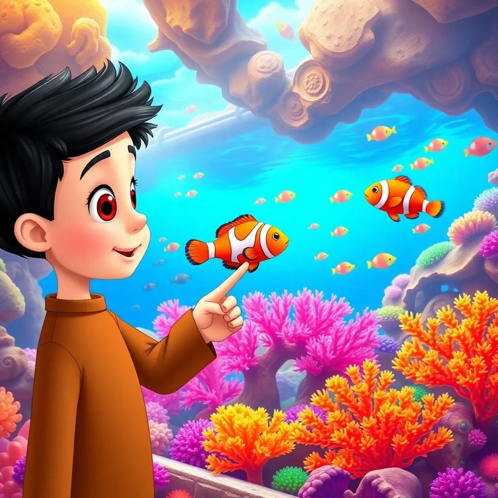 Ahmad, a curious boy with big eyes, pointing at a bright orange clownfish in a large tank filled with coral, colorful scenery, cheerful mood, child-friendly illustration, high quality