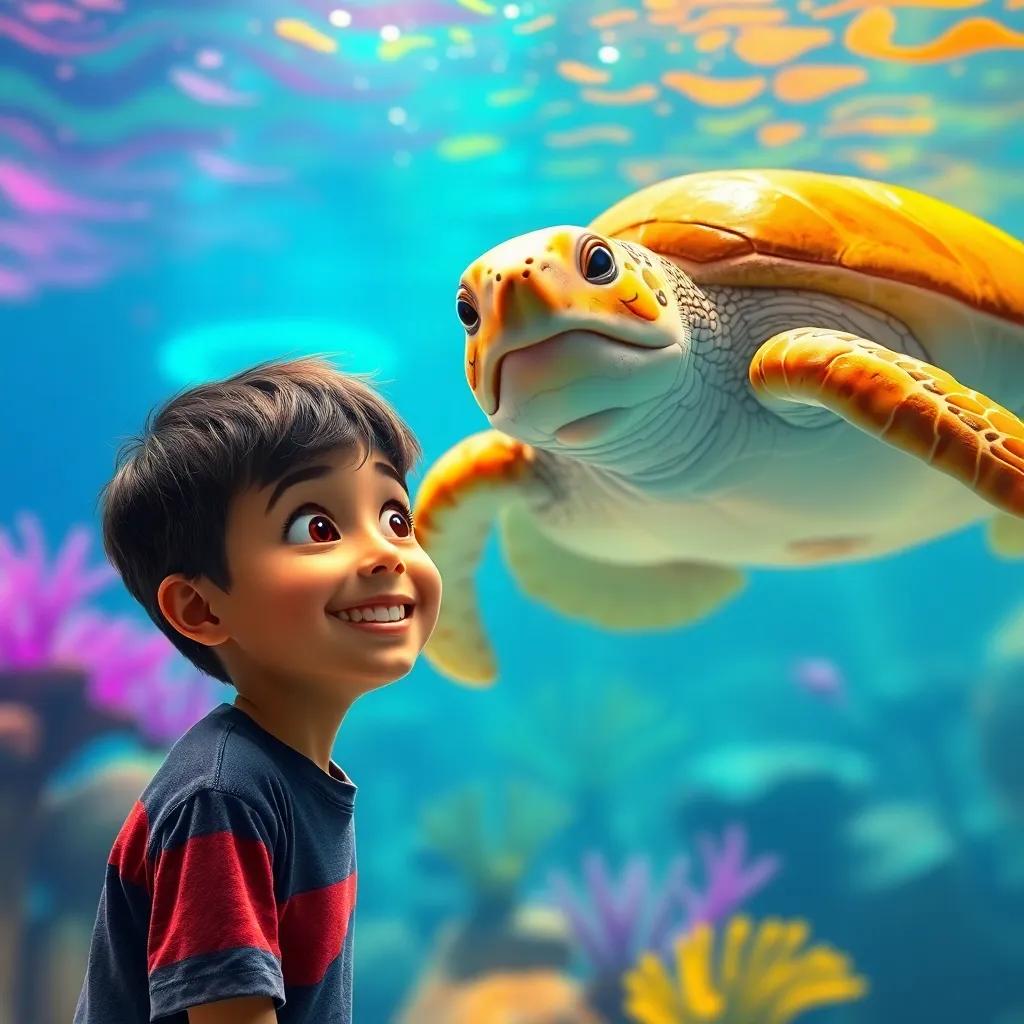 Ahmad, a young boy with a big smile, looking amazed at a gentle sea turtle swimming gracefully in a tank, bright and colorful underwater world, whimsical scene, digital art, vibrant and inviting colors