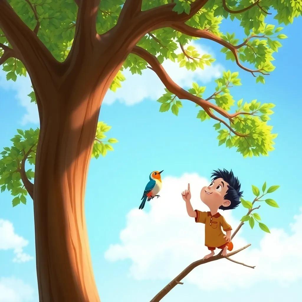 A tall, strong tree with green leaves moving in the breeze, a small colorful bird sitting on a branch, Ahmad pointing up, in awe, sunny day, cheerful atmosphere, detailed illustration, high quality