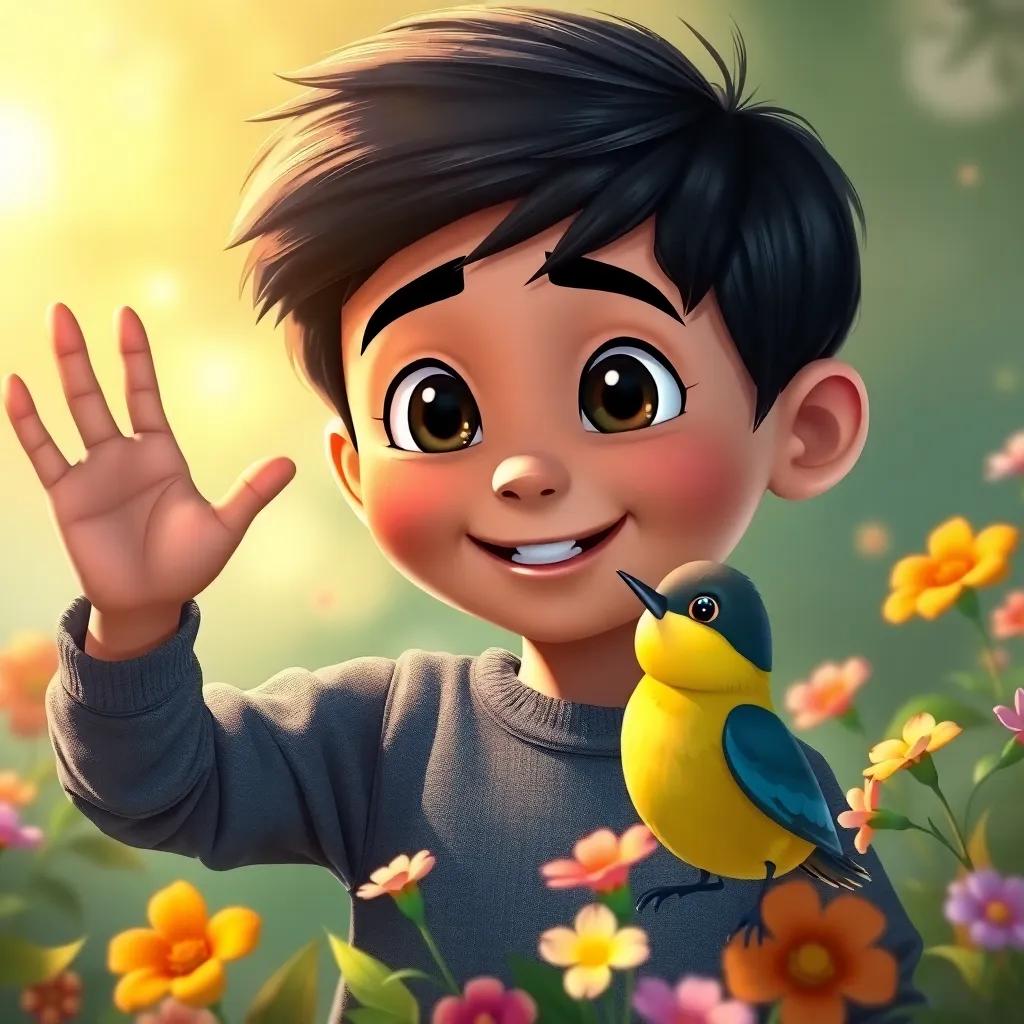 Ahmad, a boy with bright eyes, waving his hand happily at a small bird that tilts its head, surrounded by nature with flowers, warm light, friendly vibe, digital art, whimsical