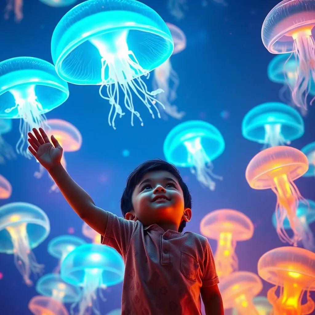 Ahmad, a young boy, excitedly looking at a big tank full of glowing jellyfish that float like magical balloons, vibrant colors illuminating the space, wonder and joy, high quality