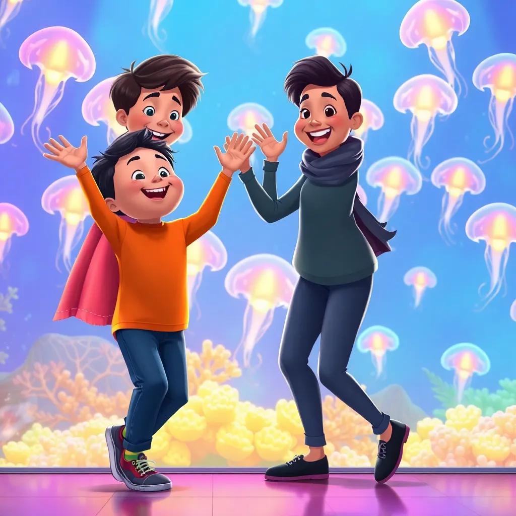Ahmad, a boy dancing joyfully in front of a tank of glowing jellyfish, his mom beside him, both smiling and moving their arms, colorful background, upbeat and cheerful atmosphere, digital art, friendly