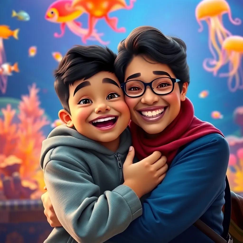 Ahmad, a happy boy hugging his mom tightly, both smiling widely after an exciting day at the aquarium, colorful aquarium background with fish and jellyfish, warm light, delightful scene, high quality