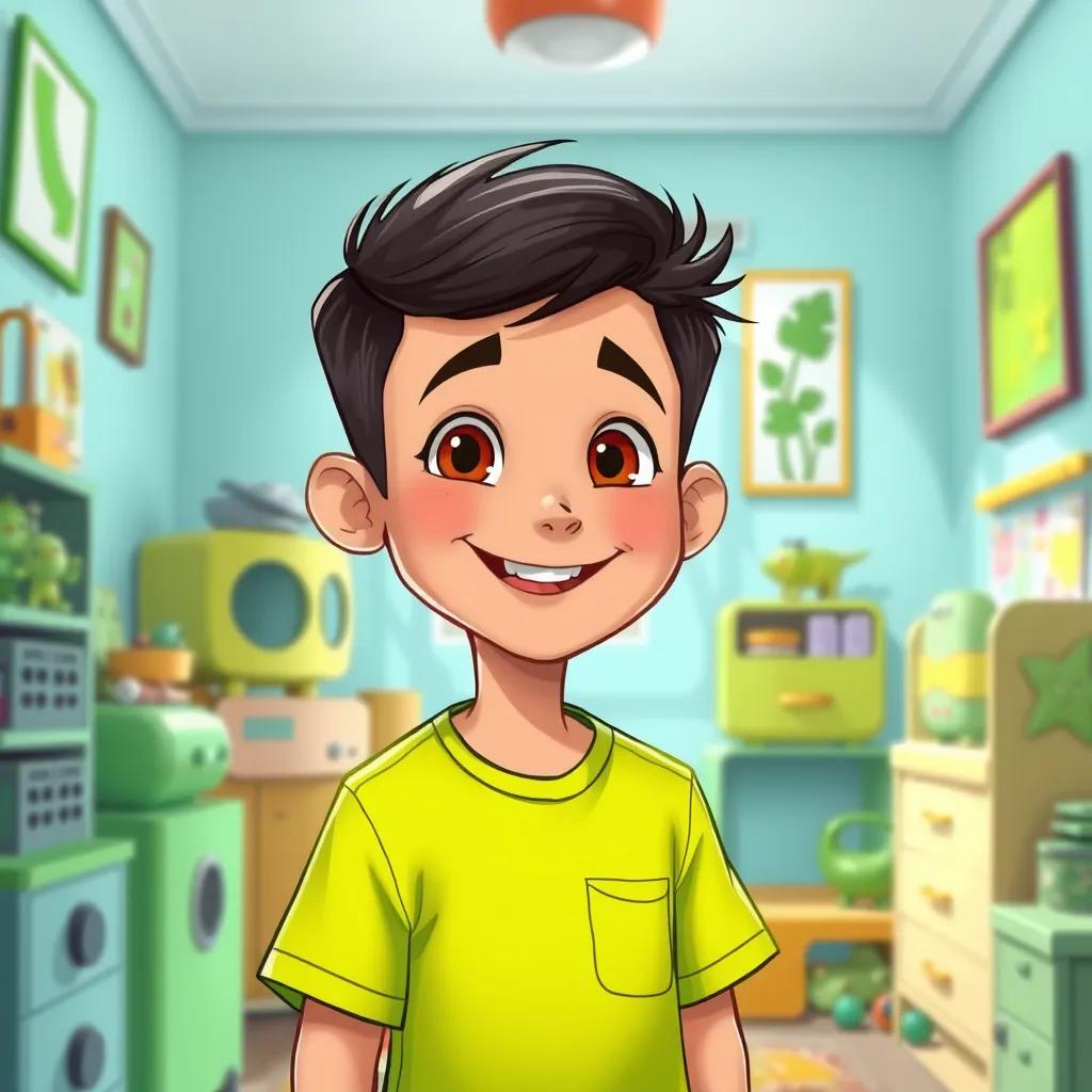 A cheerful boy named Ahmad, around 8 years old, wearing a bright green shirt, smiling as he stands in his colorful room filled with green toys and posters, digital art, bright colors, welcoming atmosphere, high quality