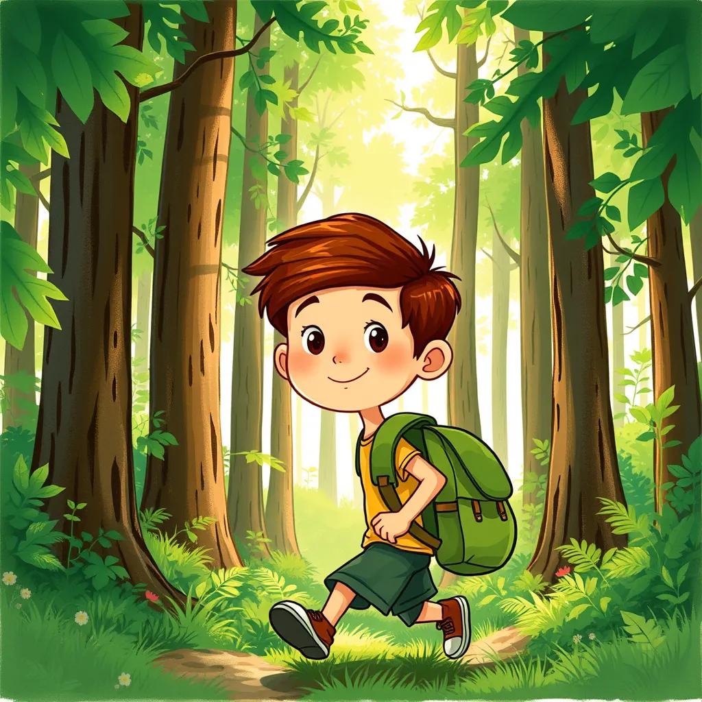 Ahmad, an 8-year-old boy, with short brown hair and wearing a green backpack, stepping into a lush green forest filled with tall trees and dappled sunlight, illustration, adventure-themed, vibrant greens, cheerful mood