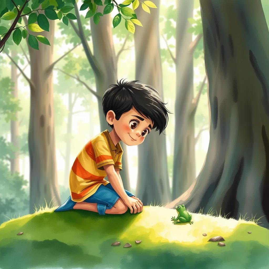Ahmad, an 8-year-old boy, kneeling on soft green moss, looking at a tiny green frog hopping nearby, surrounded by tall trees and sunlight streaming through leaves, watercolor style, bright colors, lively atmosphere