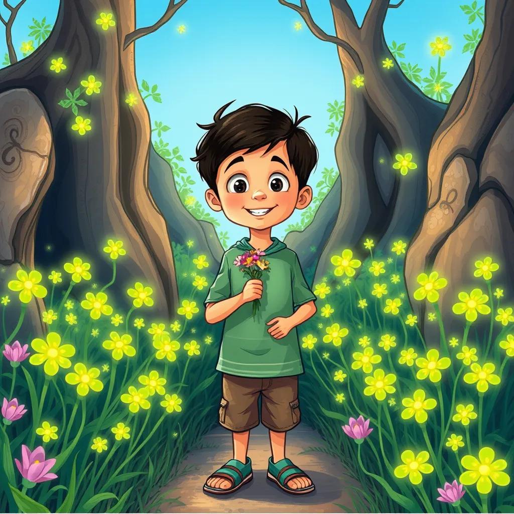 Ahmad, an 8-year-old boy, standing in a hidden glade filled with sparkling green flowers, holding a small bouquet of flowers, under a clear blue sky, colorful and enchanting, fantasy-style art, vivid colors, joyful scene
