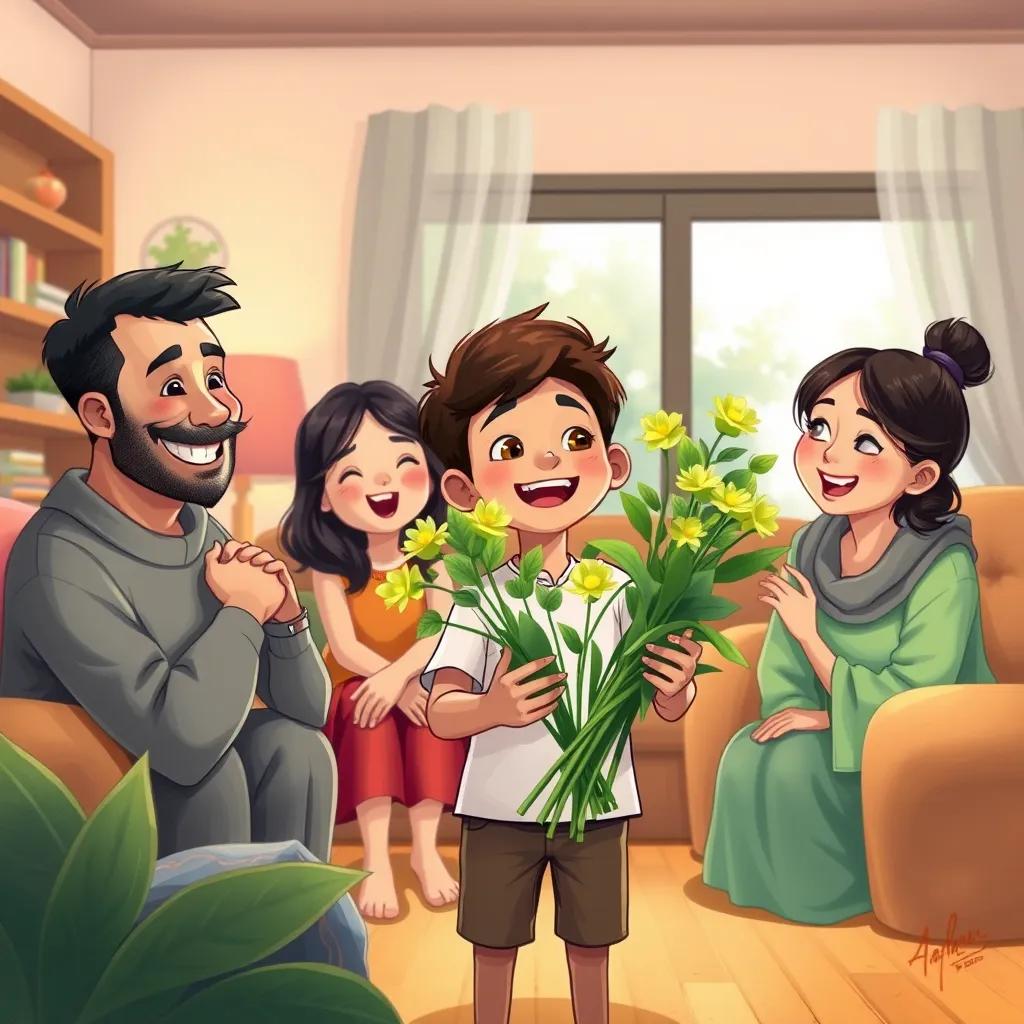 Ahmad, an 8-year-old boy, proudly presenting a bouquet of green flowers to his family, who are smiling and amazed, in a cozy living room filled with love and warmth, digital painting, heartwarming colors, uplifting moment